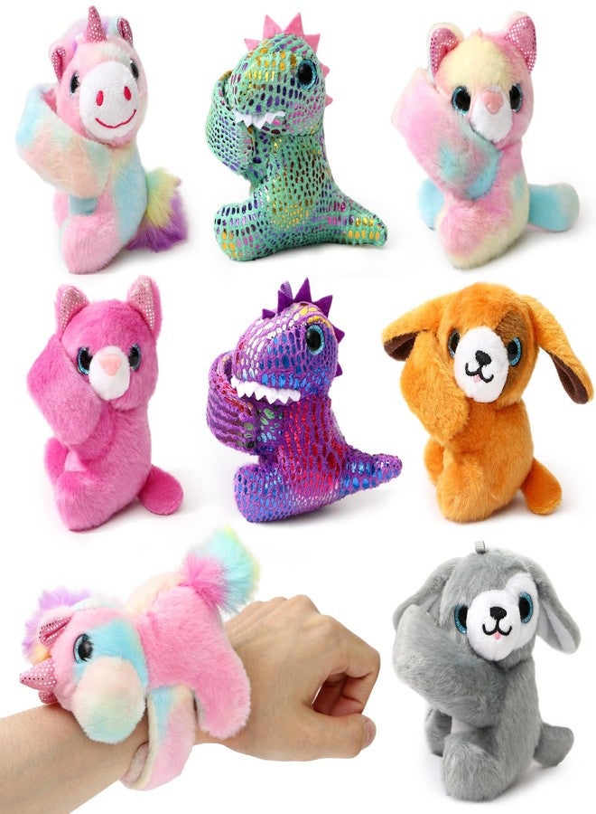 B Bascolor 8 Pack Stuffed Animal Slap Bracelets, 9 Inch Plush Unicorn Cat Dog Dinosaur Wrist Cute Snap Bracelets Bulk Toy First Day Back to School Graduation Birthday Gift for Boys Girls Party Favors - Image 1